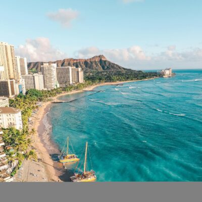 Stunning aerial shot of Waikiki Beach with Diamond Head in the background, Oahu, Hawaii.